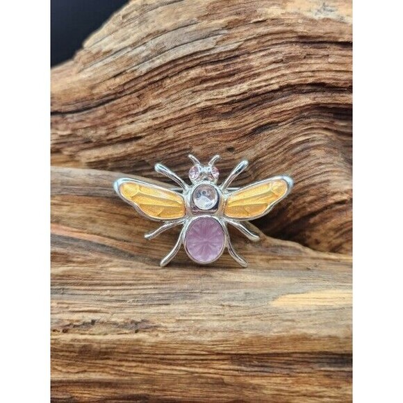 Vintage‎ Signed Monet 1.5" Silvertone Bee Brooch Enamel Rhinestone - Picture 3 of 3
